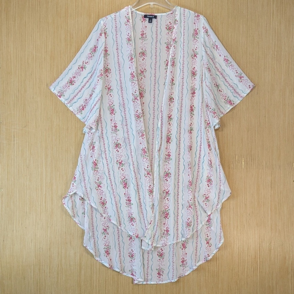 Torrid Floral Cottage Coquette Strawberry Fruit Stripe Kimono‎ Wrap Size 1X Pink